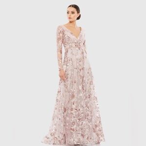 Mac Duggal Embellished V Neck Illusion Long Sleeve A Line Gown Size 16.